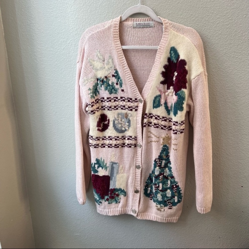 KAREN SCOTT vintage christmas holiday knitted pink white sparkly sweater M